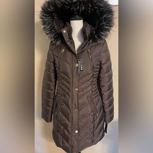 Preston and York Brown Long Puffer Coat with Faux Fur Hood